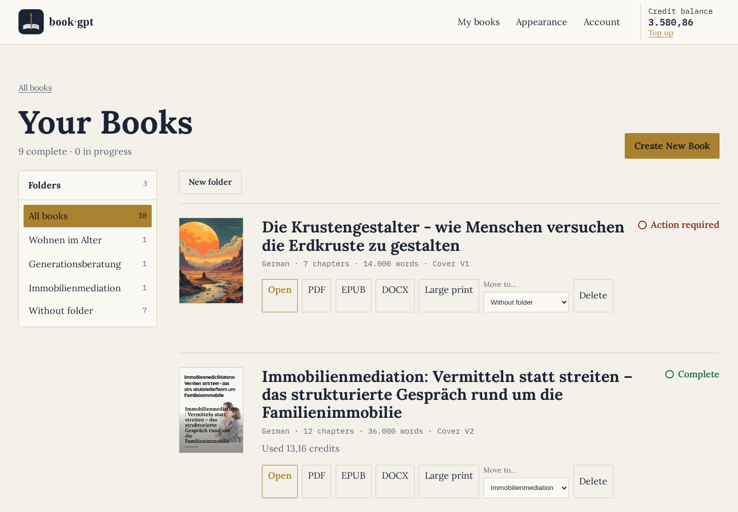 BookGPT book overview with topic folders