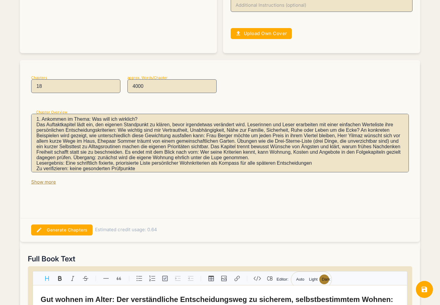 BookGPT editor showing the German Wohnen im Alter manuscript